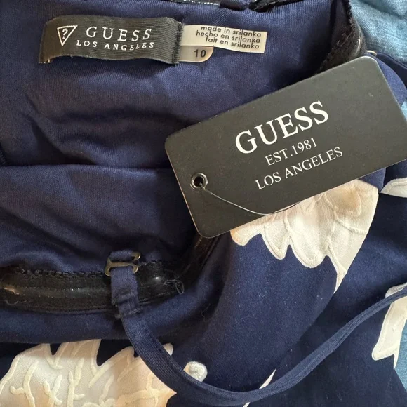 NWT Guess Navy Blue/White Flowers Spaghetti Strap Draped Bodice Dress Size 10 - Picture 3 of 10